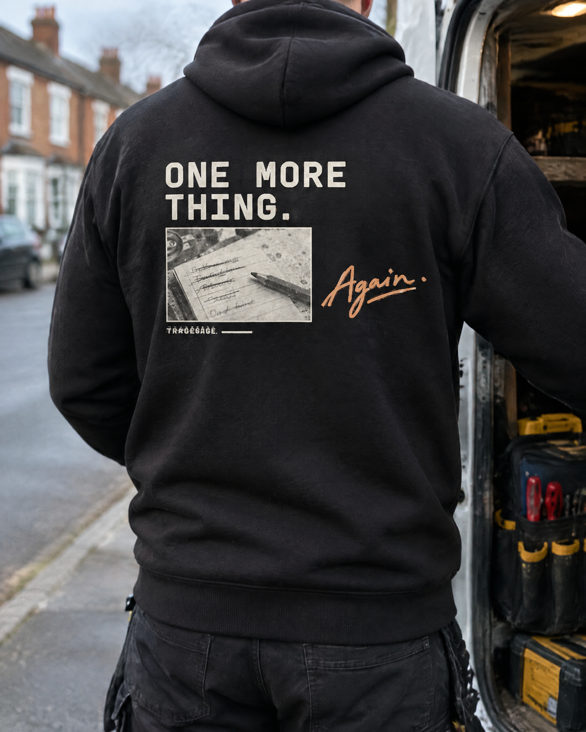 One More Thing hoodie, back print, worn by an electrician at a van