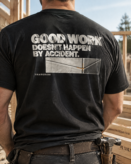 Good Work Doesn't Happen by Accident tee, back print, worn by a carpenter