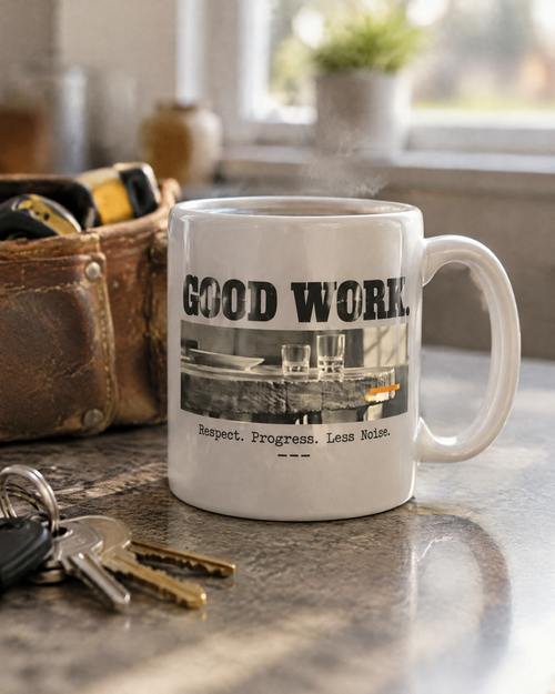 Good Work. Shared Every Day. mug on a kitchen worktop beside a tool pouch